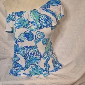Lilly Pulitzer Blue and Green Seashell Off-Shoulder Top